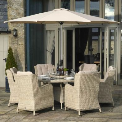 Chedworth 140cm Round Table including 60cm Lazy Susan, 6 Armchairs & Parasol in Sandstone